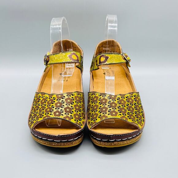 Spring Step L'Artiste Sandals Women 9.5 Green Leather Delphia Wedge Floral Strap - Picture 5 of 11